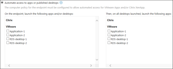 Automate access to apps or published desktops is selected. Available applications appear in two panes.